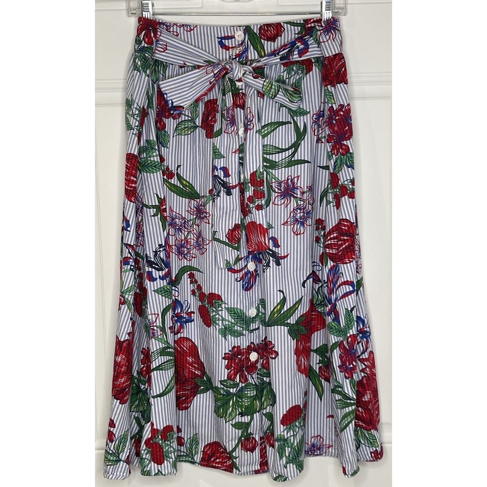 Philosophy Women's 12 White Striped Floral Print Midi Skirt Nautical Tropical